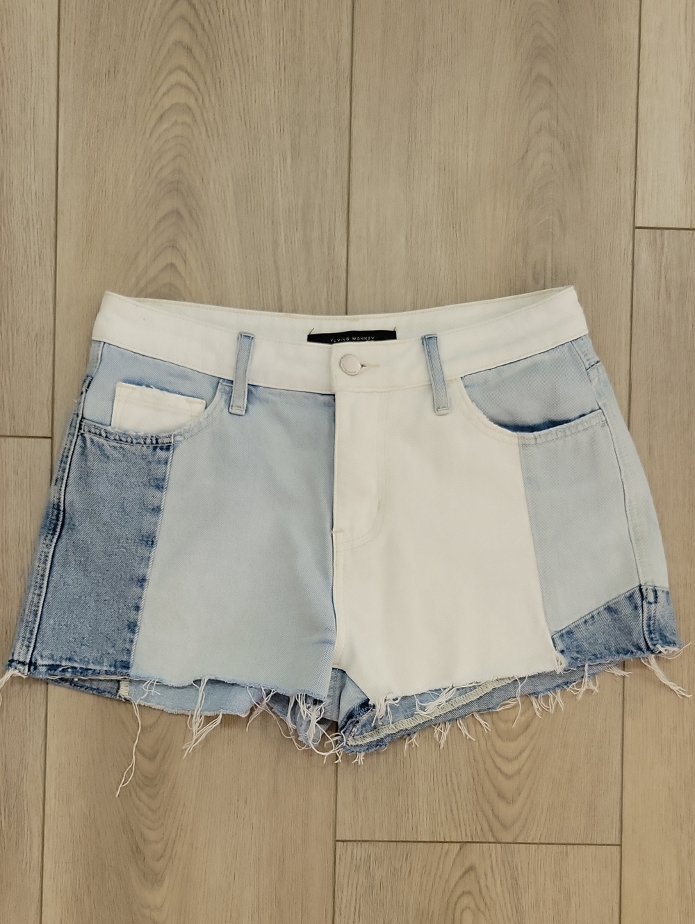 Flying Monkey Patchwork Light Blue & White Denim Shorts